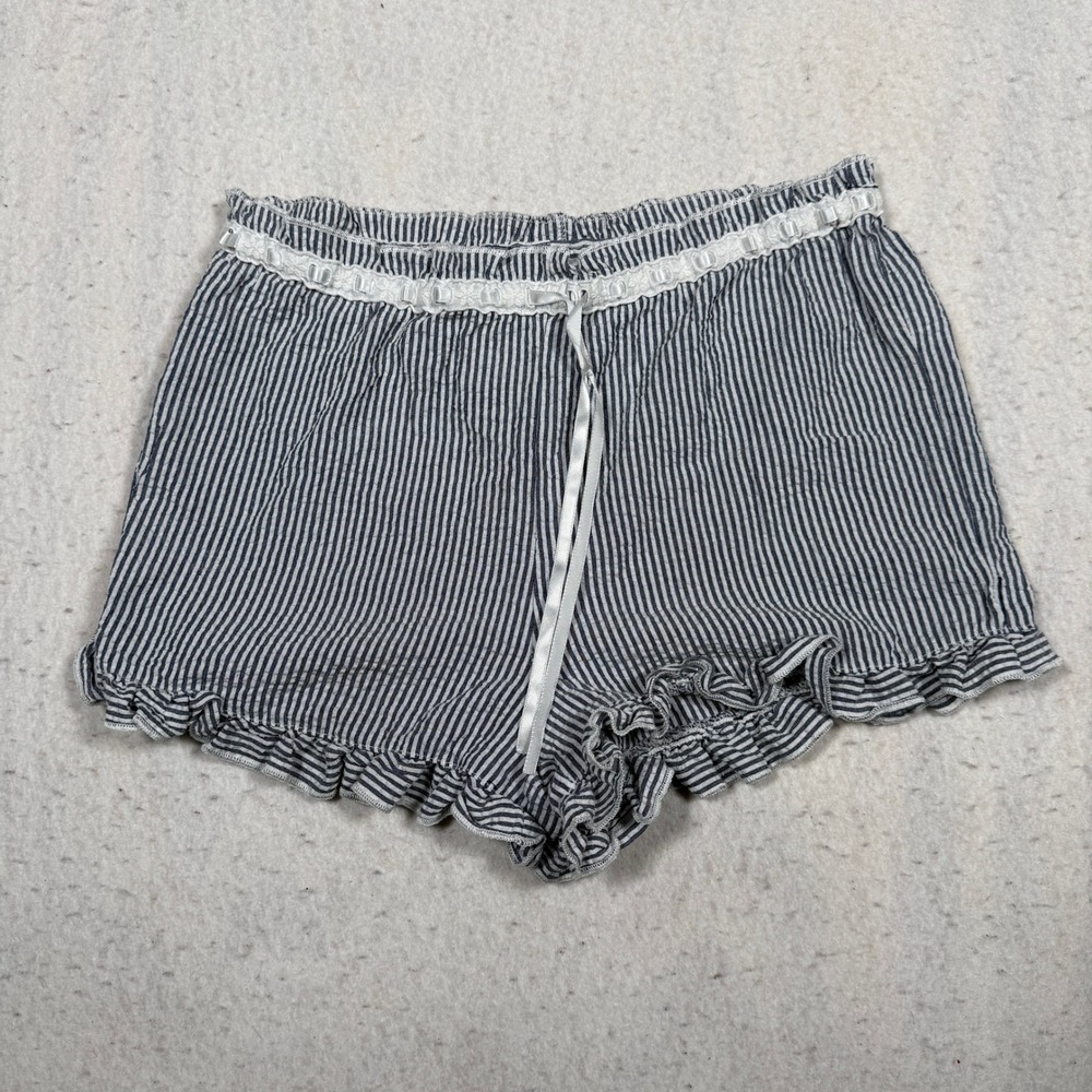 Full Tilt Blue White Striped Ruffle Pajama Shorts Lace Trim Bow Size L
